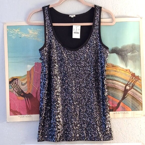 J Crew Black Full Sequin Disco Ball Raw Edged Small Tank Top Y2K Party - Picture 1 of 5